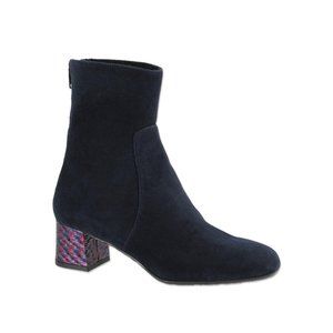 Ron White "Odelia" black bootie with purple weave heel